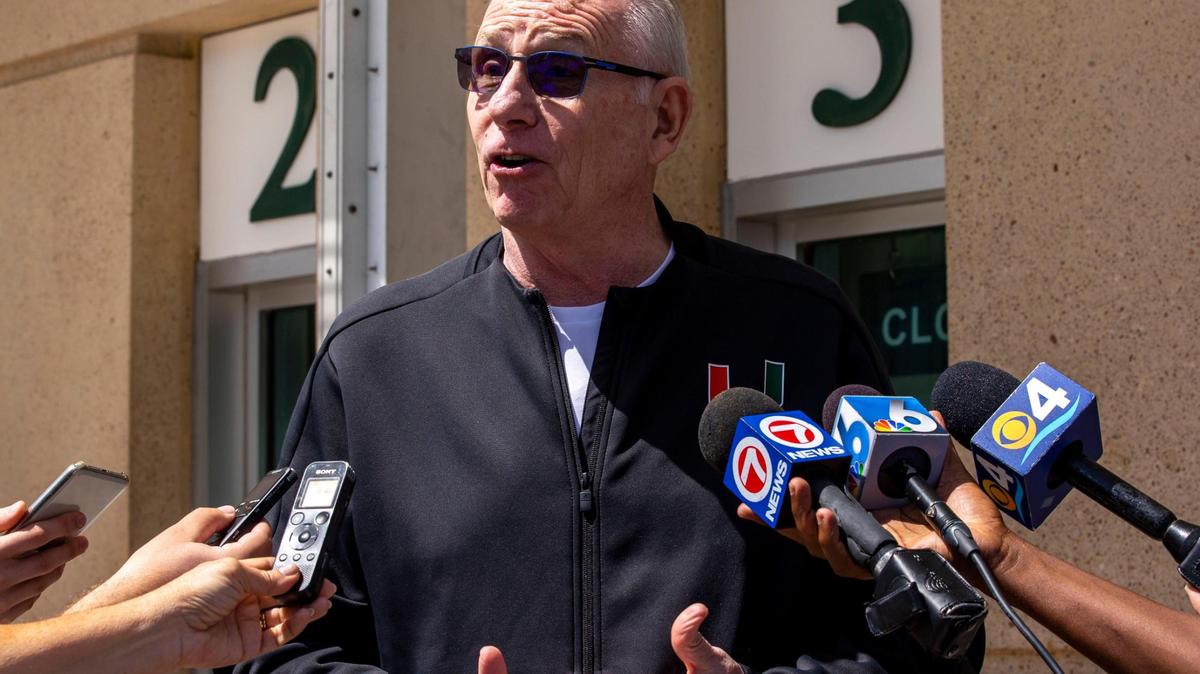 University of Miami Head Coach Jim Larranaga speaks to the media before hopping on a bus to New York for the ACC Tournamnet, outusde Watsco Center in Coral Gables, Florida, on Tuesday, March 8, 2022.