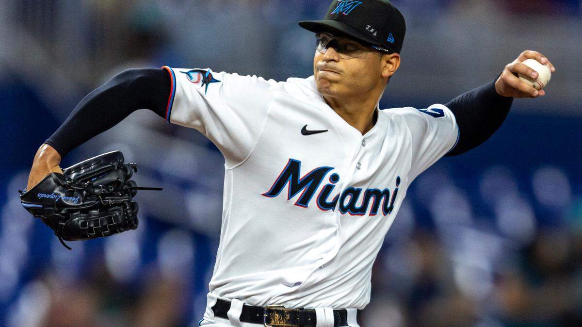 Miami Marlins pitcher Jesus Luzardo (44) throws the ball during the first inning of an MLB game against the Tampa Bay Rays at loanDepot park in the Little Havana neighborhood of Miami, Florida, on Wednesday, August 30, 2023.