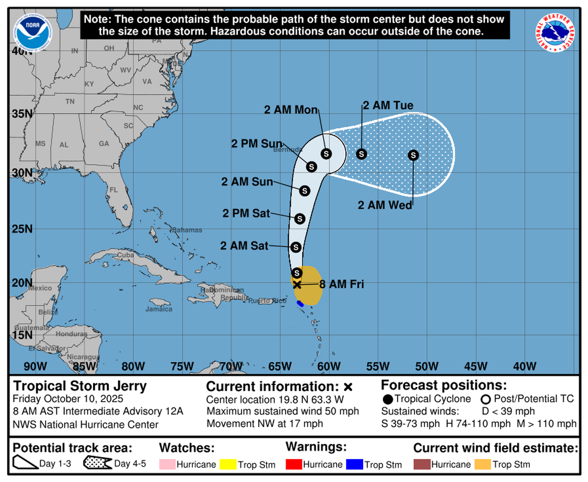 Tropical Storm Jerry skirted the northern Leeward Islands and is now headed north.