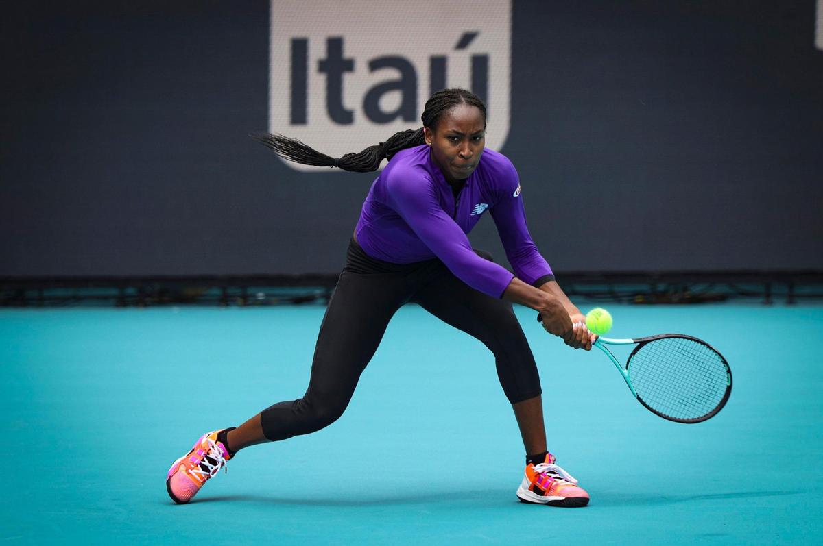 Coco Gauff, currently ranked no. 6 in the world, practices during a day of qualifying matches at the Miami Open on Monday, March 20, 2023, at Hard Rock Stadium in Miami Gardens.