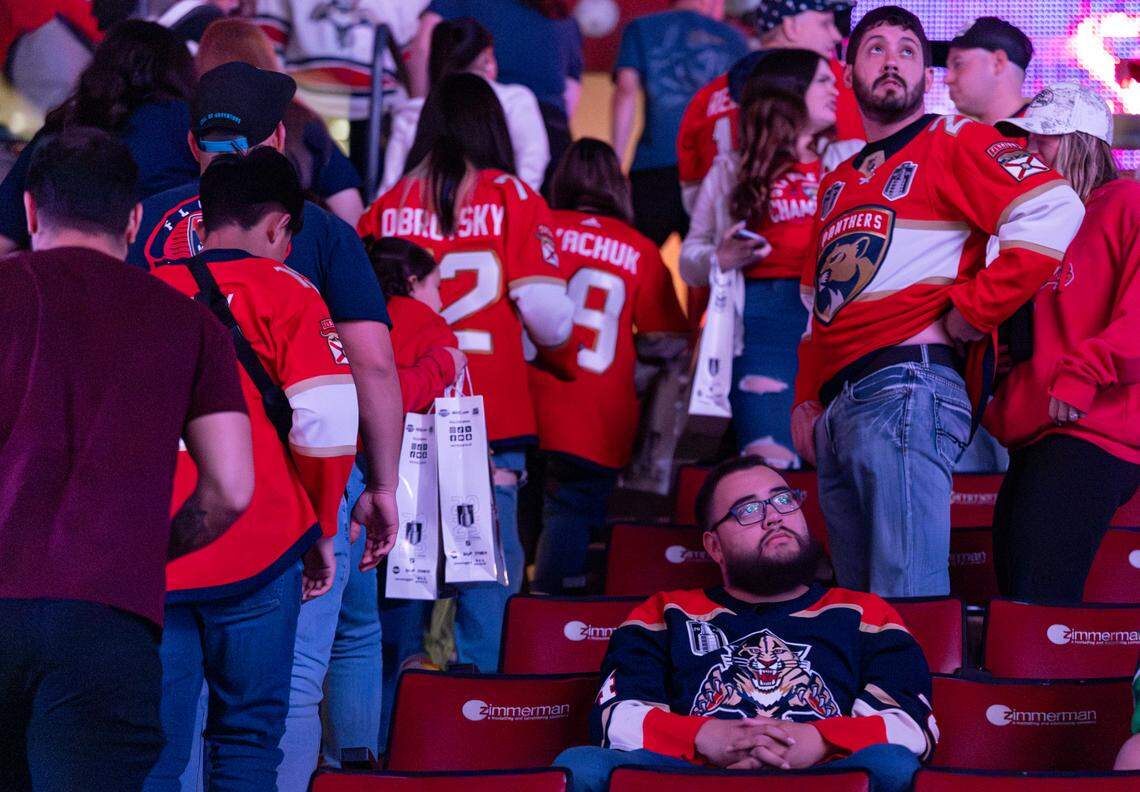 Florida Panthers fans leave a watch party after the Edmonton Oilers scored in Game 1 of the NHL Stanley Cup Final at the Amerant Bank Arena on Wednesday, June 4, 2025, in Sunrise, Fla.