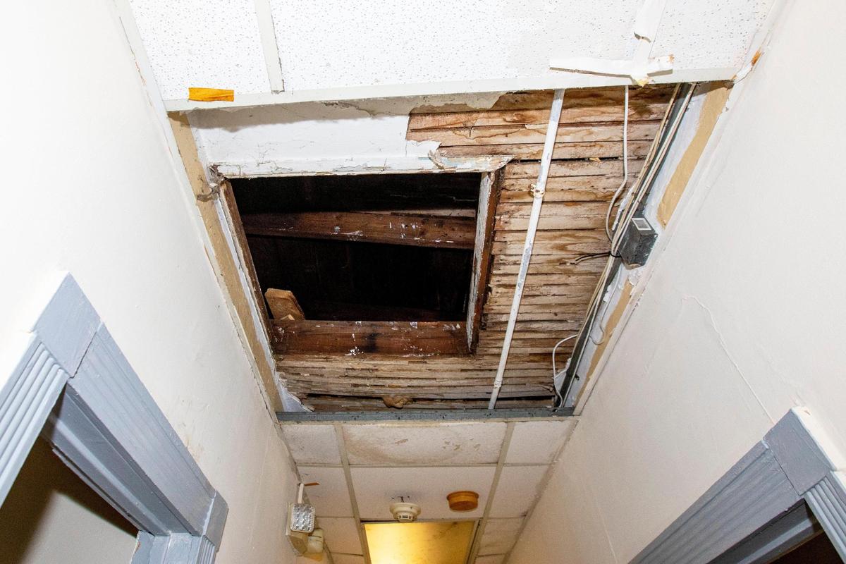 A view of a portion of the ceiling inside the Arena Hotel at 532 N. Miami Ave. in Miami, on Dec. 29, 2020. Landlord Ron Bazak is in the midst of a fight and apparent stalemate with the City of Miami over code violations at the rooming house.