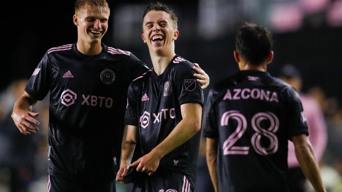 Inter Miami CF defender Harvey Neville (18) celebrates with midfielder Edison Azcona (28) after scoring during the second half of an international friendly match against Club Universitario de Deportes at DRV PNK Stadium in Fort Lauderdale, Florida on Wednesday, January 26, 2022.