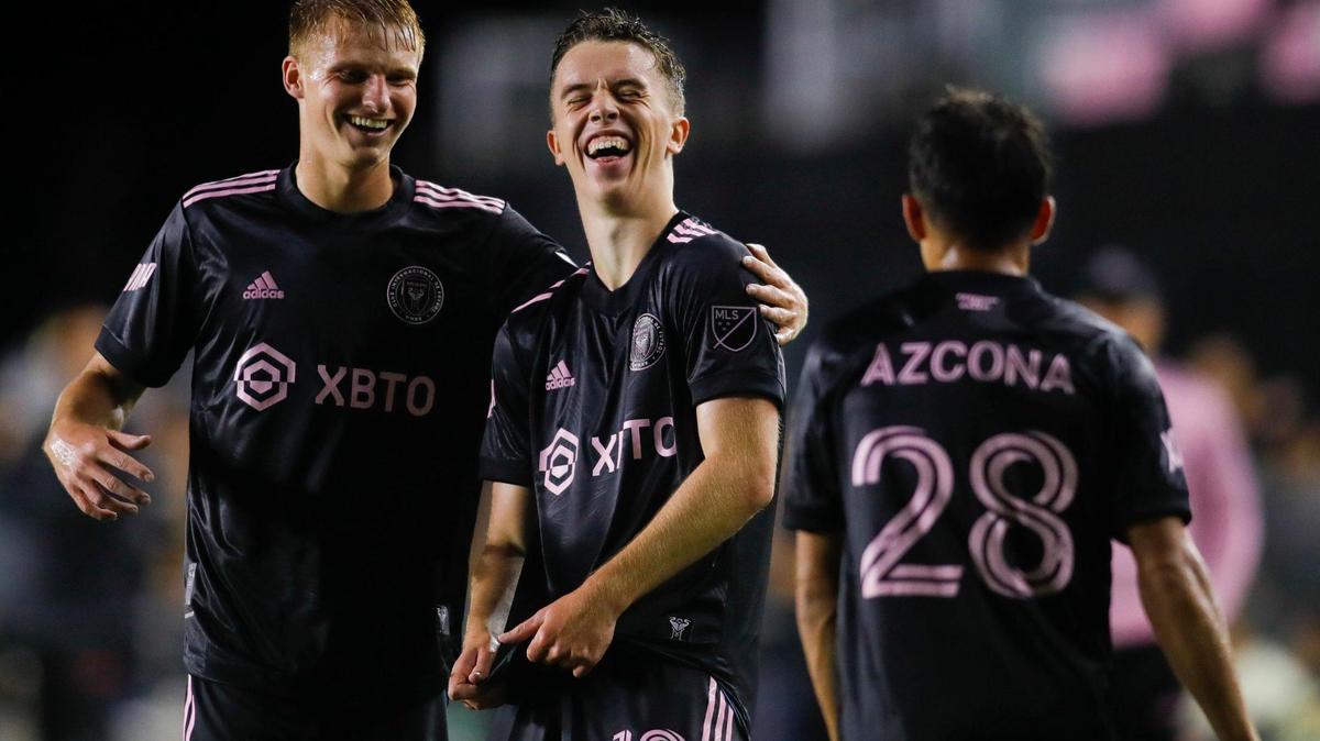 Inter Miami CF defender Harvey Neville (18) celebrates with midfielder Edison Azcona (28) after scoring during the second half of an international friendly match against Club Universitario de Deportes at DRV PNK Stadium in Fort Lauderdale, Florida on Wednesday, January 26, 2022.