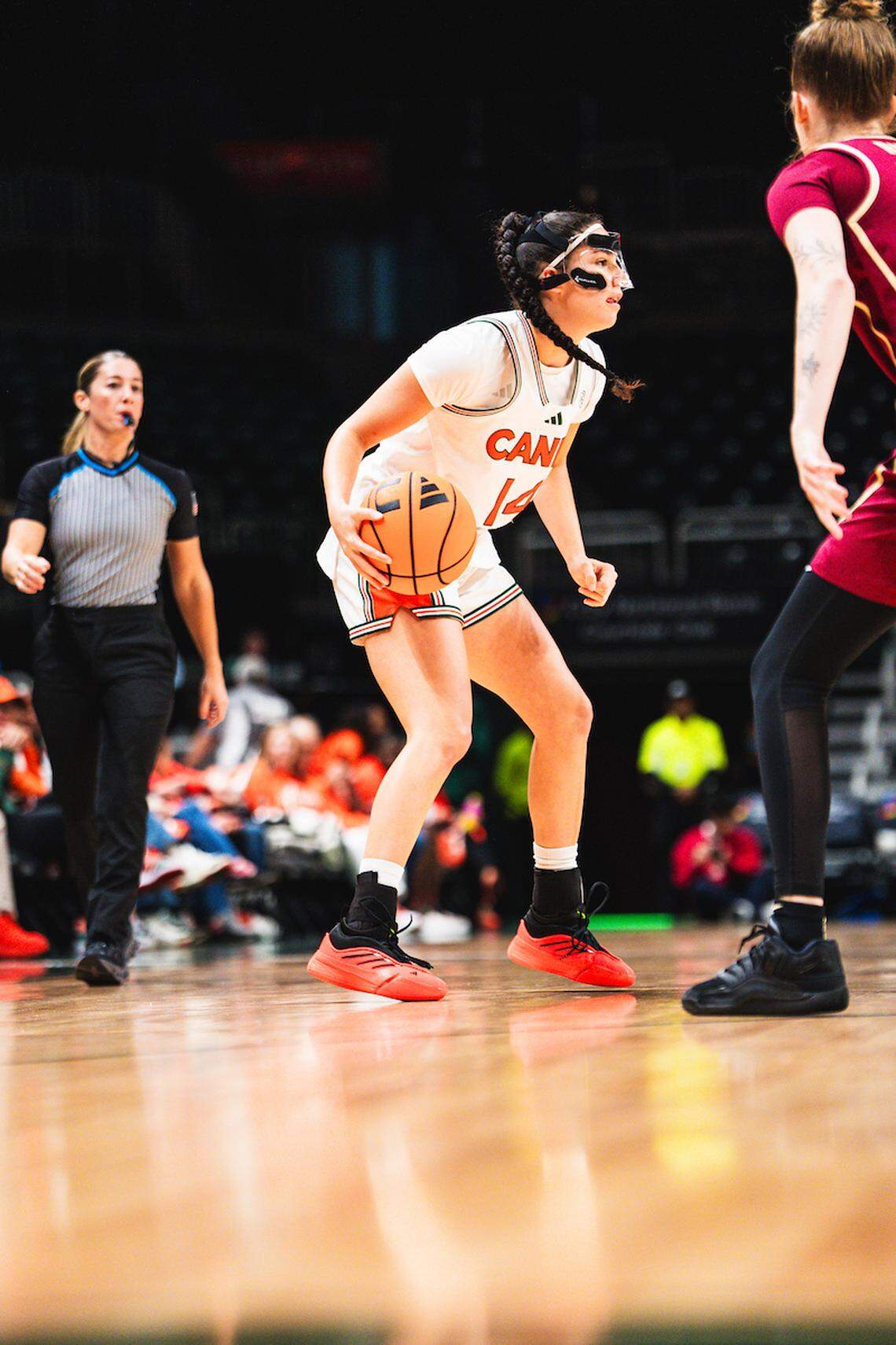 University of Miami point guard Gal Raviv returned to the starting lineup against FSU Jan. 11, 2026 wearing a protective face mask after missing the previous game with a broken nose.