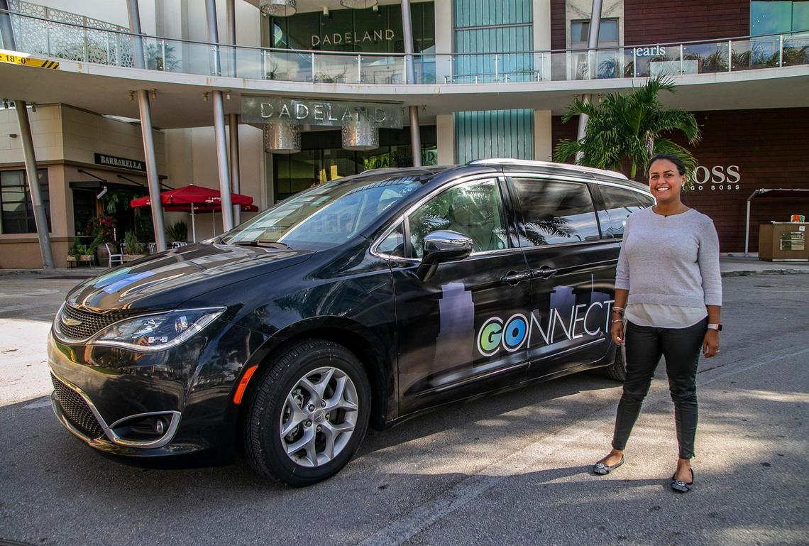 Linda Blanco, Field Manager at Via Transportation, posed next to a GoConnect shuttle van at Dadeland Mall, one of the destinations operating in the South Florida area as Miami-Dade is shifting transit dollars from buses and spending more on customized options like Go Connect ... a car service where passengers can hail a ride and take it to the Dadeland South Metrorail station. on Friday, December 16, 2020