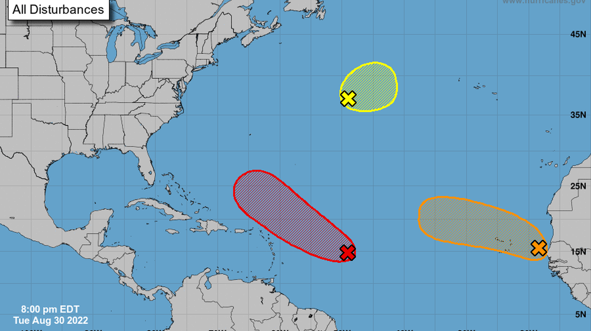 Forecasters on Tuesday night are watching three disturbances that could potentially turn into tropical depressions later this week.