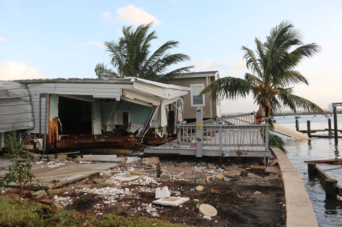 A coastal home destroyed by Hurricane Helene at the Harbor Lights Club mobile home park in Pinellas County