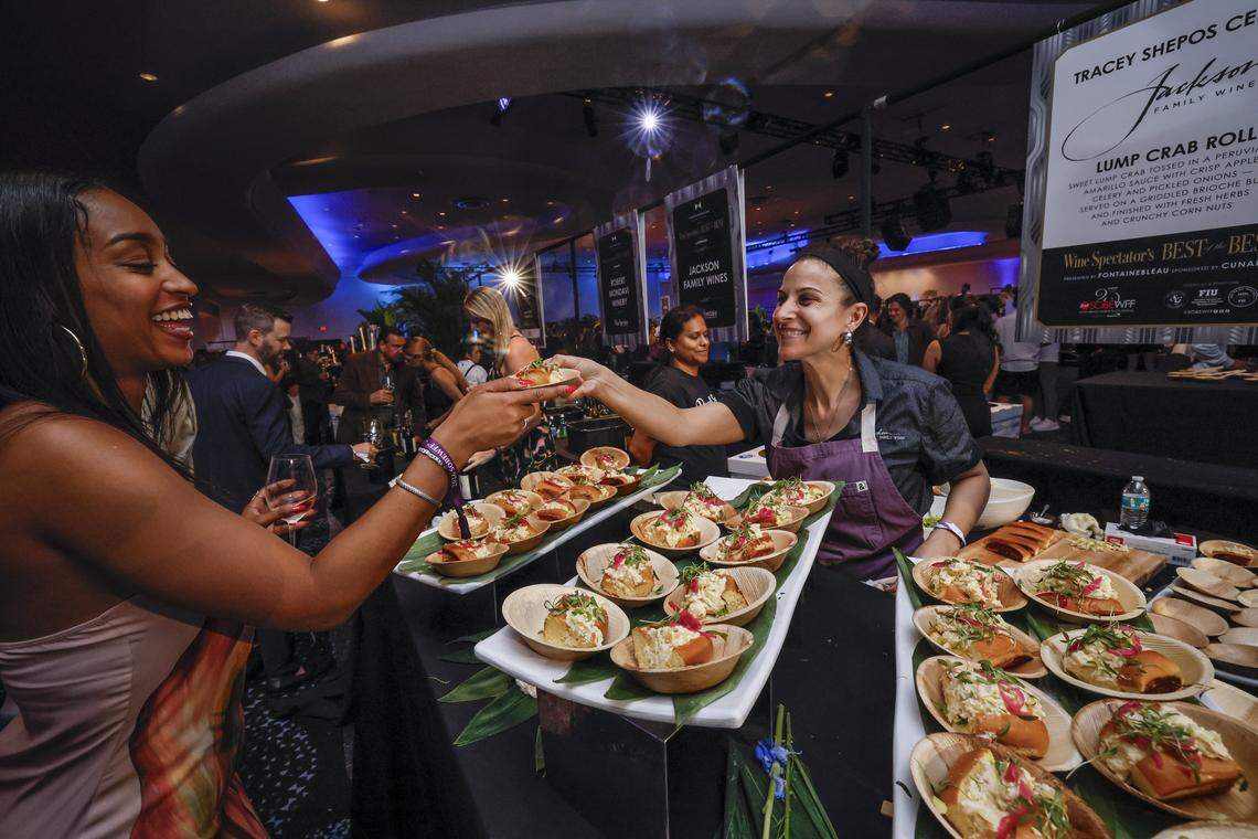 Jackson Family Wines Executive Chef Tracey Shepos Cenami serves Lump Crab Roll to Dara Spragg as the Fontainebleau Miami Beach presents Wine Spectator's Best of the Best with 60 of the nation’s most acclaimed chefs and more than 65 of the world’s premier wineries at the resort hotel on Friday, February 20, 2026.