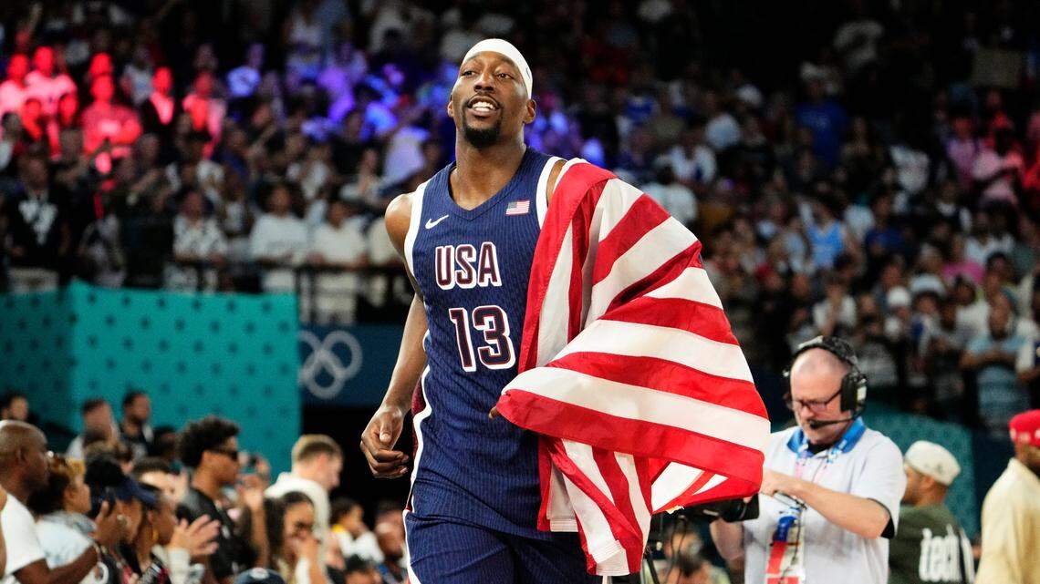 United States center Bam Adebayo (13) celebrates after defeating France in the men’s basketball gold medal game during the Paris 2024 Olympic Summer Games at Accor Arena.