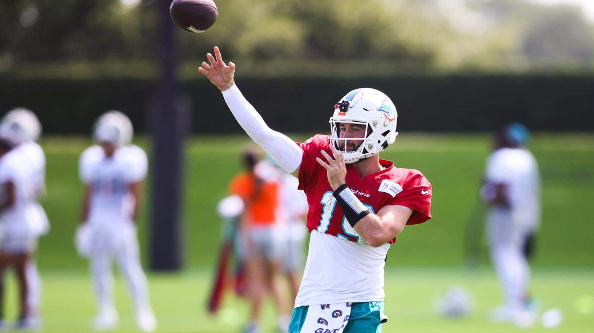 Miami Dolphins quarterback Skylar Thompson (19) throws the football during training camp at Baptist Health Training Complex in Miami Gardens, Florida, on Tuesday, August 20, 2024.