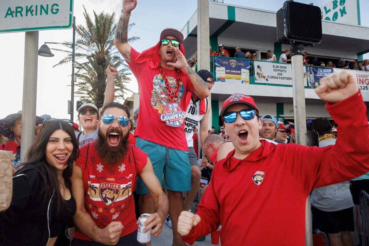 Florida Panthers fans gather at Elbo Room, a known bar that the team frequents, before the Florida Panthers Stanley Cup Championship victory parade