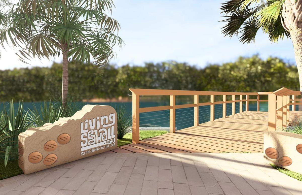 A rendering of the proposed living-seawall project at The Church by the Sea in Fort Lauderdale. The seawall is expected to attract enough oyster growth to filter 1 million gallons of water per day.