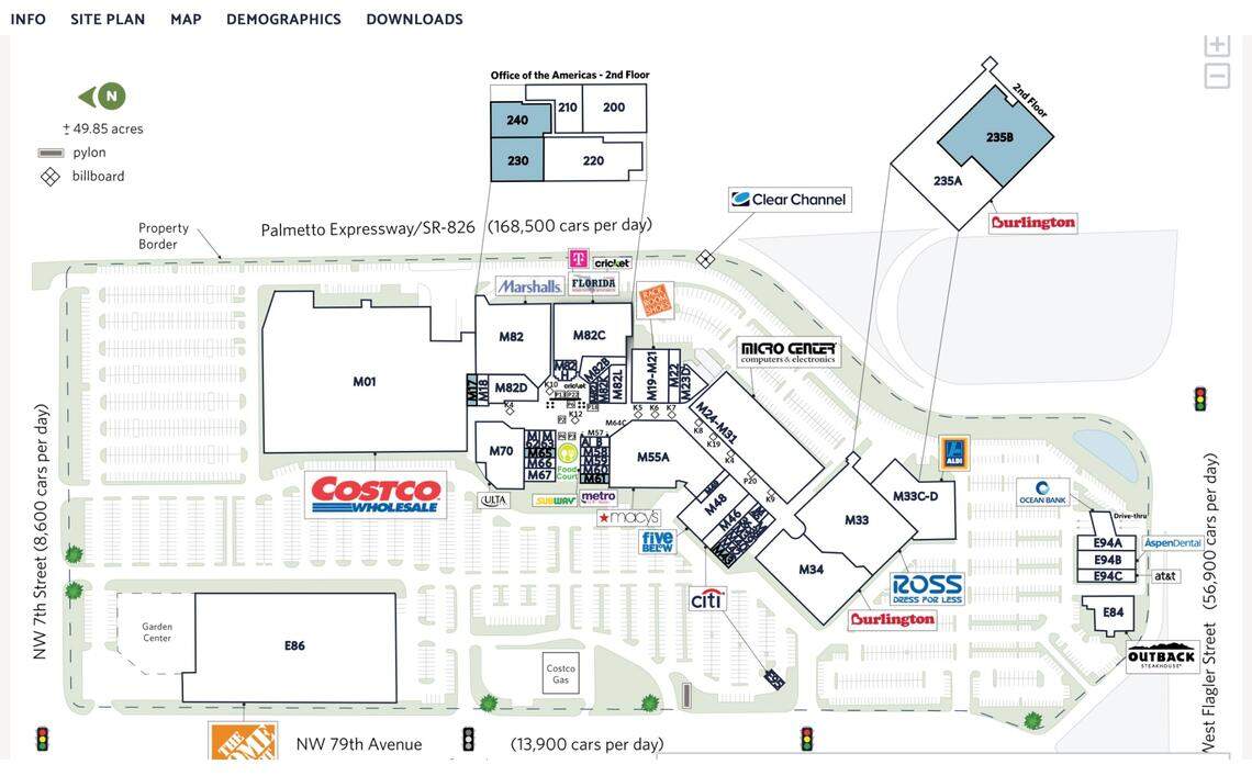 A screenshot of a map on May 1, 2025, of Midway Crossings at 7795 W. Flagler St. in Miami. The website of its property manager, Sterling Organization, shows a Macy’s logo near the center’s Five Below and the food court.