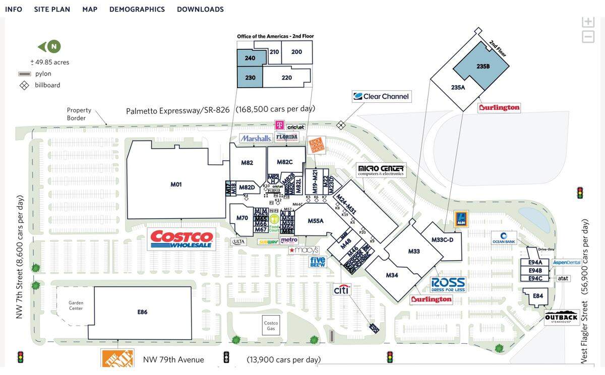 Captura de pantalla de un mapa del 1 de mayo de 2025, de Midway Crossings en 7795 W. Flagler St. en Miami. El sitio web de Sterling Organization, muestra un logotipo de Macy's cerca del Five Below del centro y del patio de comidas.