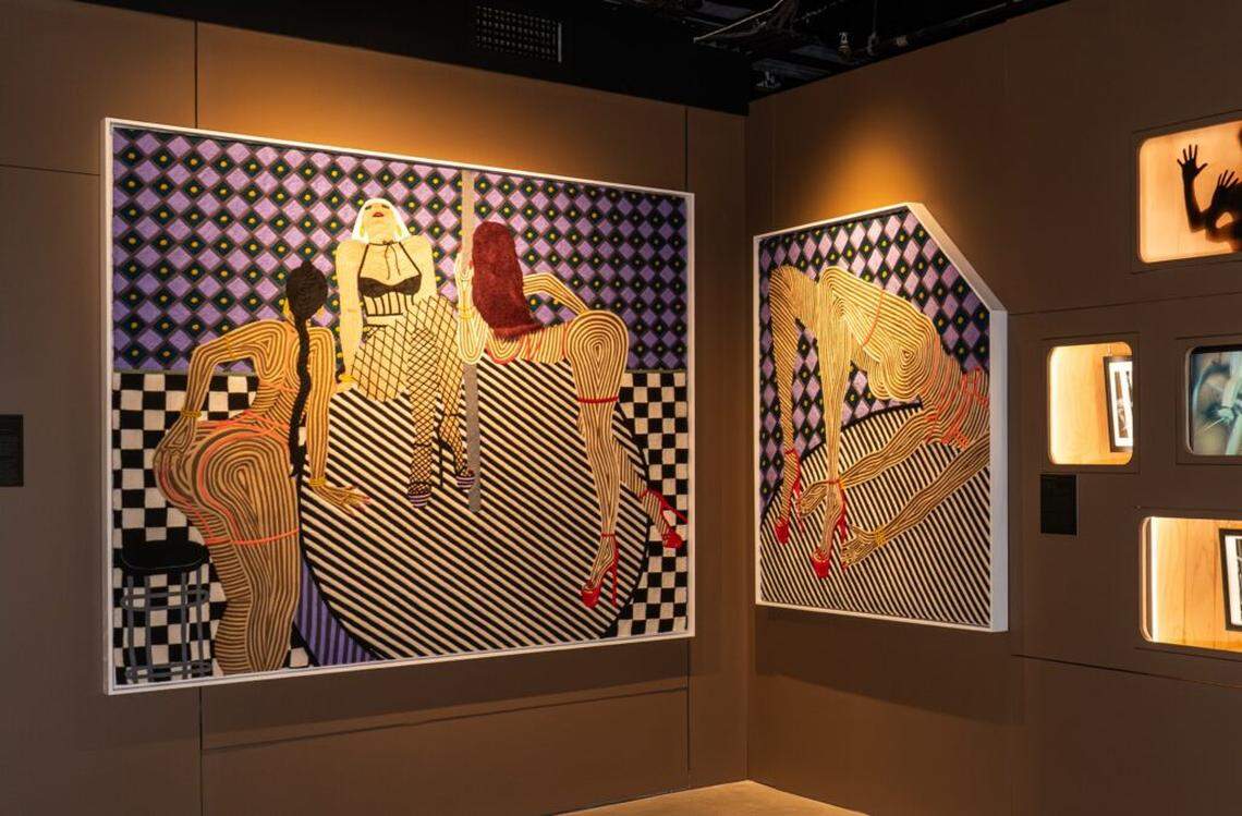 Fabric artworks by Cheryl Pope depict Miami’s strippers.