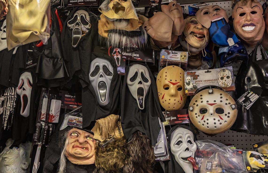 View of several popular masks for sale ahead of Halloween, at the famous La Casa De Los Trucos (The House of Tricks), one of the world’s oldest active costume establishments, located at 1343 SW 8th Street, Little Havana, on Wednesday, October 1, 2025.