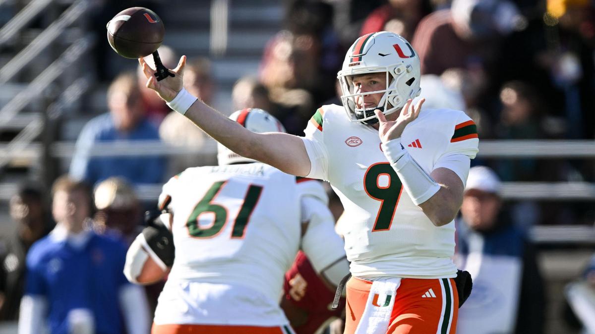 Nov 24, 2023; Chestnut Hill, Massachusetts, USA; Miami Hurricanes quarterback Tyler Van Dyke (9) throws against the Boston College Eagles during the first half at Alumni Stadium. Mandatory Credit: Brian Fluharty-USA TODAY Sports