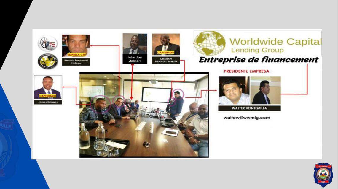 A photograph displayed by Haitian authorities shows Walter Veintemilla, standing and at right, in a Fort Lauderdale conference room, with, among others, Dr. Christian Emmanuel Sanon, upper right; Antonio ‘Tony’ Intriago, upper left, the Doral security consultant on the radar of U.S. and Haitian authorities but not in custody, and James Solages, far left, a Haitian American from Broward who is in custody in Haiti as an alleged participant in the plot to kill President Jovenel Moïse. All four were participants in the meeting to discuss Sanon’s ambition to become Haiti’s president.