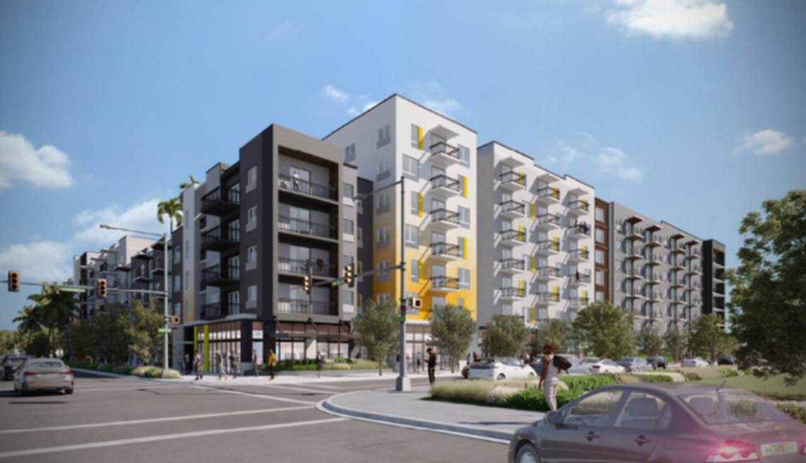 An architectural rendering depicts Rainbow Village, a new mixed-income development that is replacing a Miami-Dade County public housing project of the same name in Miami’s Overtown neighborhood.