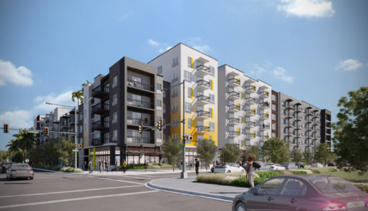 An architectural rendering depicts Rainbow Village, a new mixed-income development that is replacing a Miami-Dade County public housing project of the same name in Miami’s Overtown neighborhood.