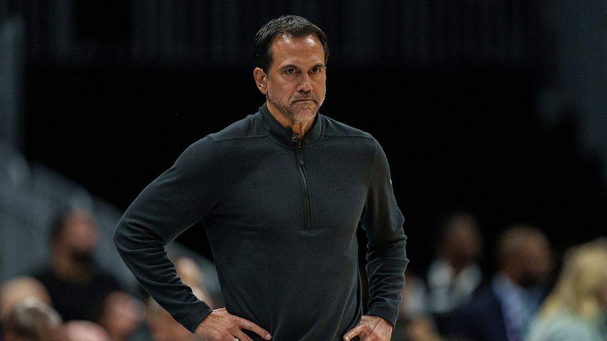Head coach Erik Spoelstra of the Miami Heat looks on in the first half against the Charlotte Hornets during their game at Spectrum Center on April 14, 2026 in Charlotte, North Carolina.