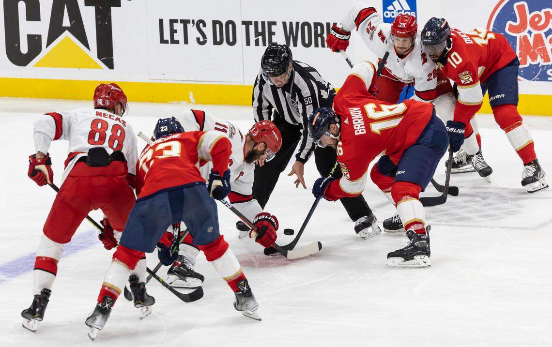 Florida Panthers center Aleksander Barkov (16) and Carolina Hurricanes center Jordan Staal (11) face off in the third period of Game 4 of the NHL Stanley Cup Eastern Conference finals series at the FLA Live Arena on Wednesday, May 24, 2023 in Sunrise, Fla.
