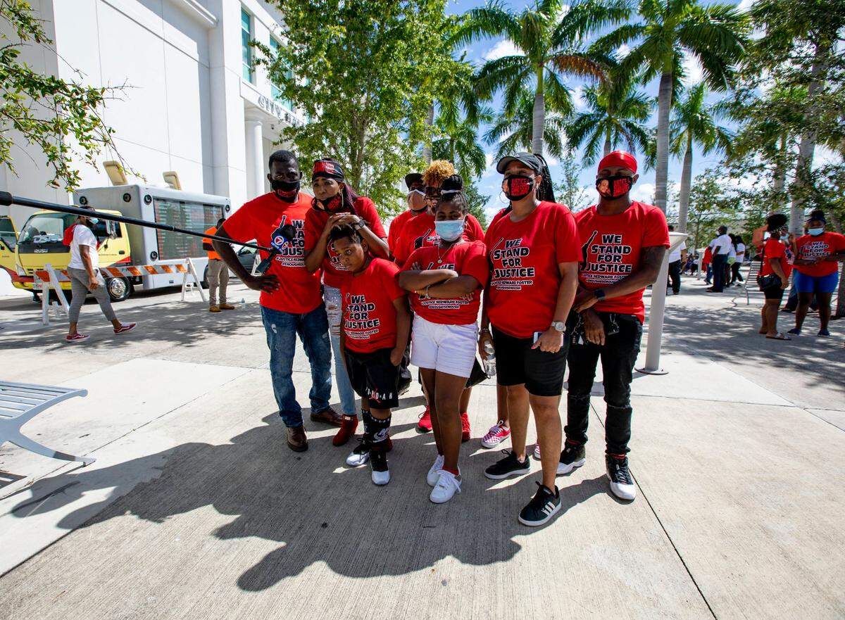 Members of the Foster family speak with the media during a July 19, 2020 protest held to shed light on the death of Edward Foster II, who was shot and killed by a Homestead police officer in 2015.