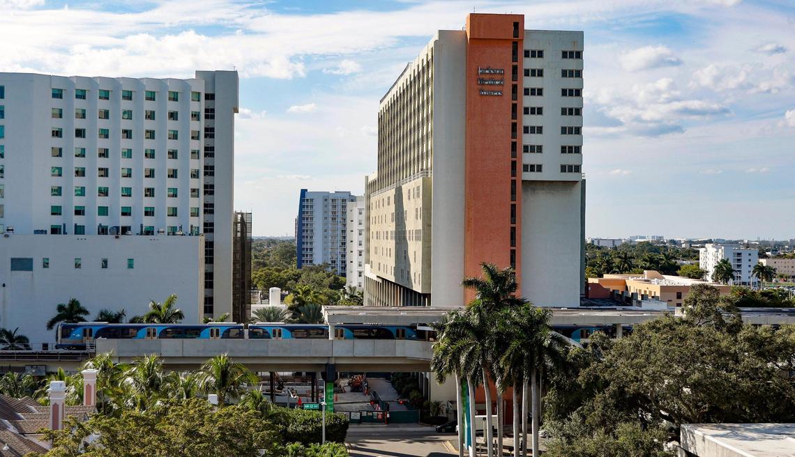 Jackson Medical Towers, at 1500 NW 12th Avenue, west of UHealth - Jackson Metrorail Station in Miami, Florida on Thursday, January 2, 2025. The Public Health Trust of Jackson Health System has approved a deal with Related Urban to demolish two existing towers, known as Jackson Medical Towers, and construct affordable workforce housing and an extended stay hotel.