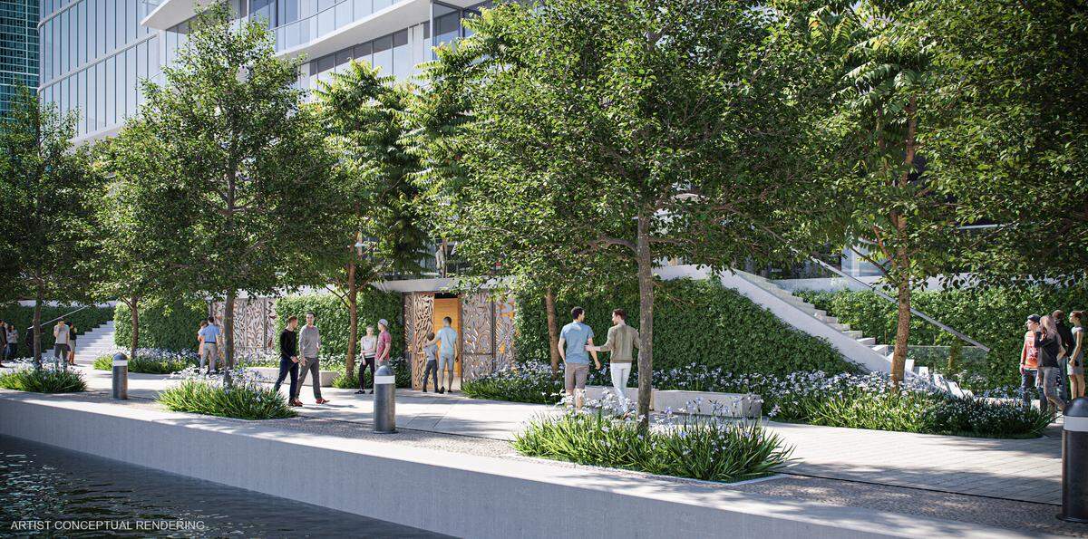 Representación conceptual muestra la entrada a los espacios de exhibición propuestos a lo largo de un paseo fluvial planeado en el río Miami para los hallazgos de una excavación de un pueblo indígena prehistórico adyacente en el distrito Brickell de Miami. La urbanizadora Related Group, que está construyendo el condominio de lujo Baccarat en el lugar, financiaría y construiría los espacios de exhibición que se inaugurarían simultáneamente con la torre.