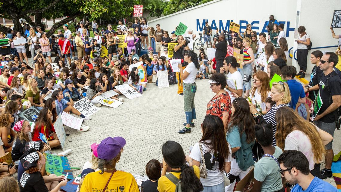 Miami Country Day senior/lead student organizer Gabriella Marchesani, 17, addresses adults as well as other students from around Miami-Dade County who skipped classes to protest in solidarity with the worldwide Global Youth Climate Strike on Friday, Sept. 20, 2019. The local students protested at City Hall in Miami Beach.