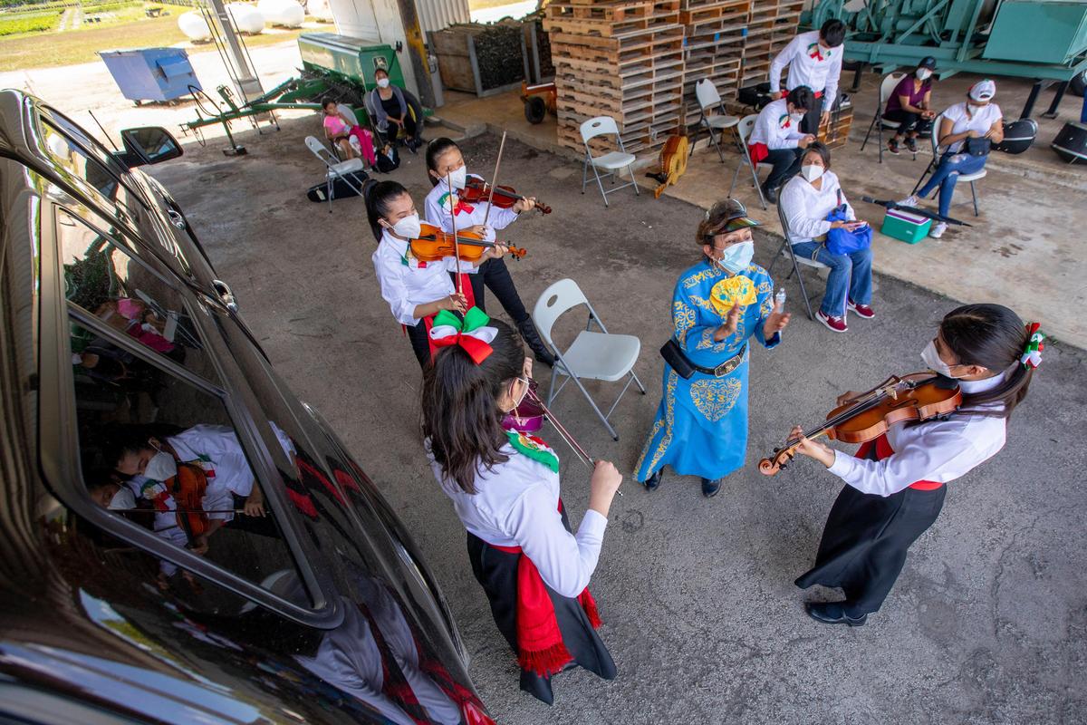 Homestead-Miami Mariachi Conservatory director Judith Mora-Arriaga works with students as they wait in the shade before performing in the Okra fields during a Cinco de Mayo celebration hosted by The Mexican-American Council, with Congresswoman Debbie Mucarsel-Powell in attendance, at Sifuentes Farms in Homestead, Florida on Tuesday, May 5, 2020.