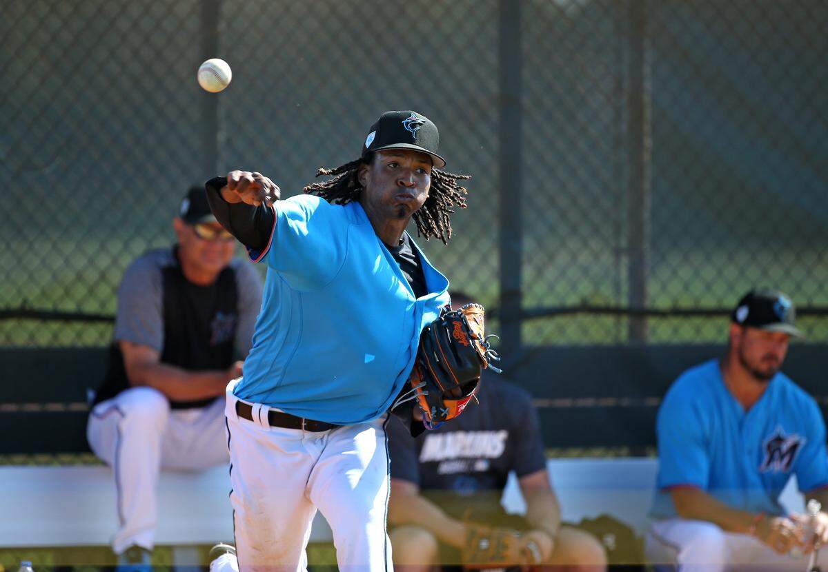 Miami Marlins pitcher Jose Urena pitches during practice before the start of a Major League Baseball spring training game against the New York Mets at the Roger Dean Chevrolet Stadium on Tuesday, March 5, 2019 in Jupiter, FL.