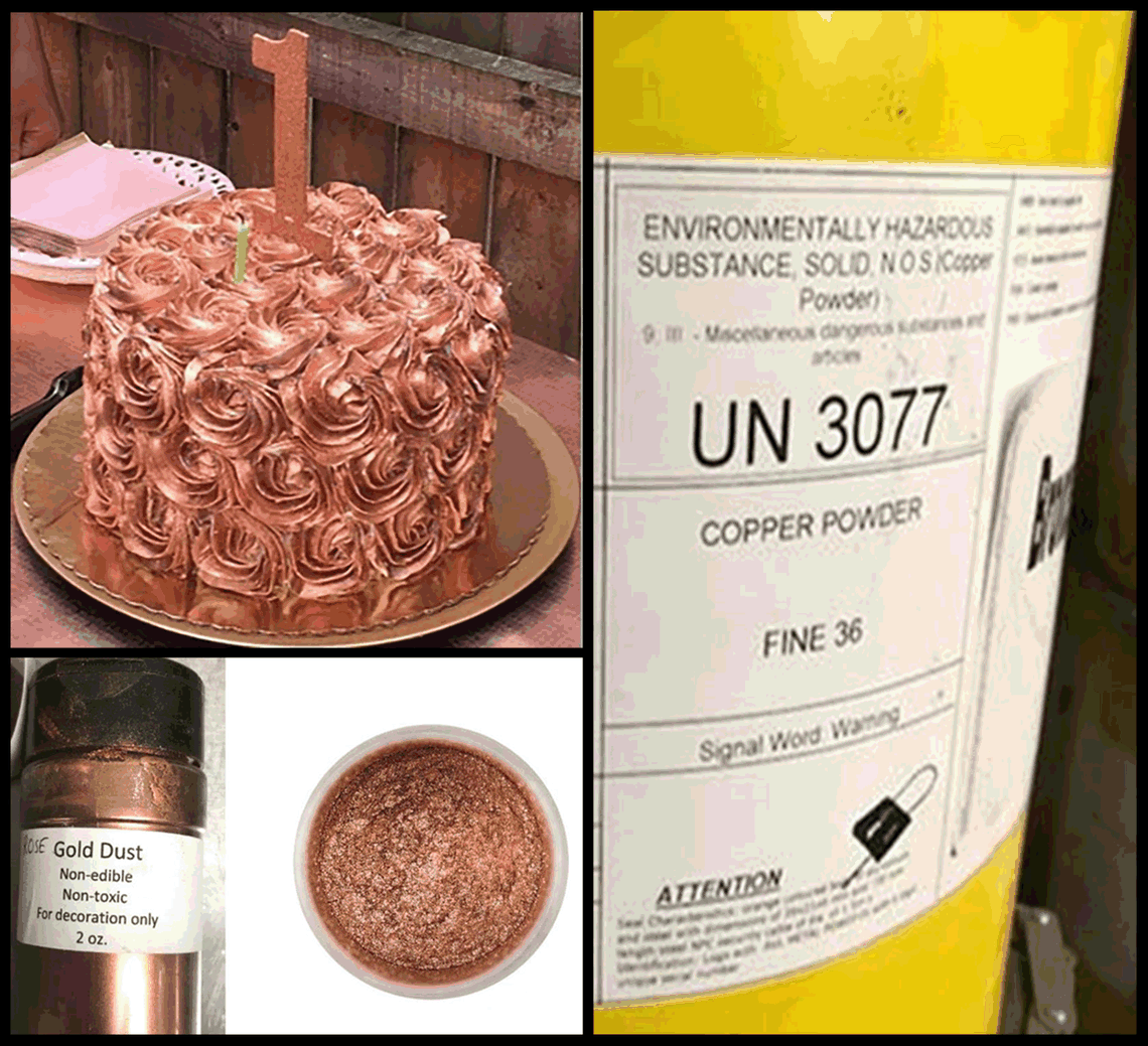 The Rhode Island birthday cake with rose gold dust frosting, a bottle of gold dust used for cake decorating and industrial drums containing fine copper powder.