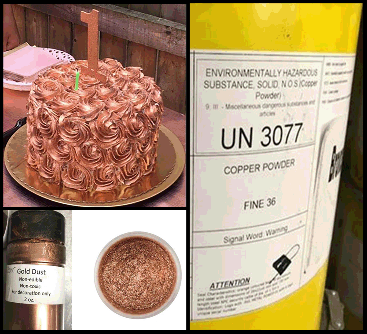 The Rhode Island birthday cake with rose gold dust frosting, a bottle of gold dust used for cake decorating and industrial drums containing fine copper powder.