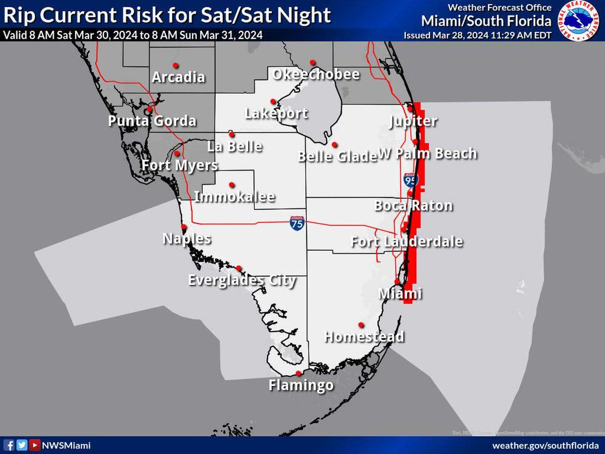 A risk for rip currents will remain high through Monday, April 1, 2024.