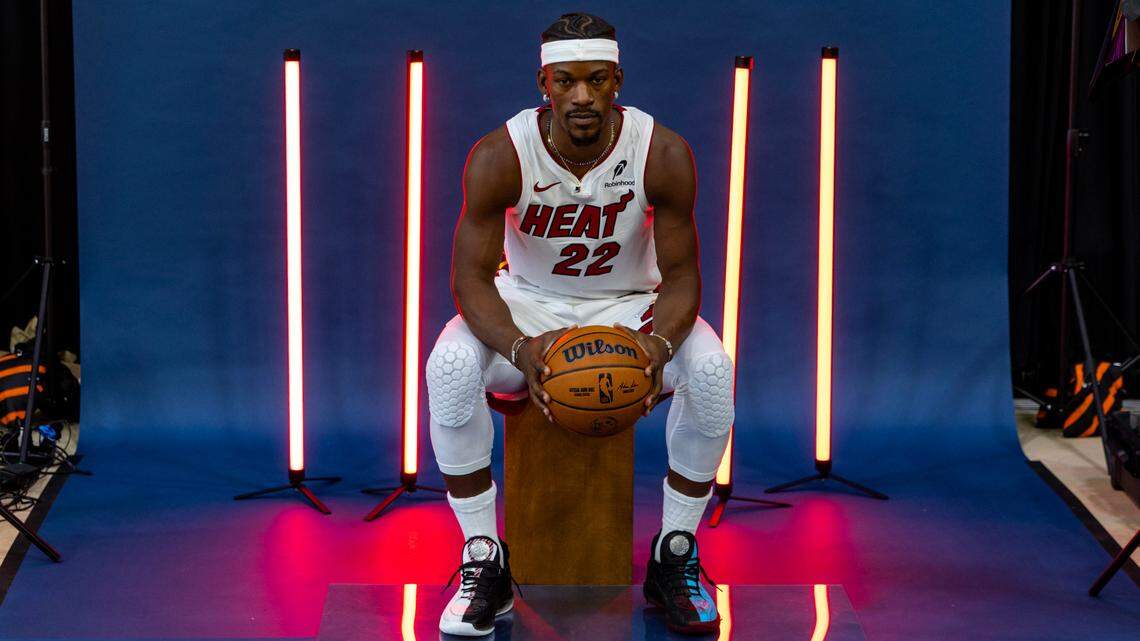 Miami Heat forward Jimmy Butler (22) strikes a pose while being photographed by Getty during media day at Kaseya Center on September 30, 2024.