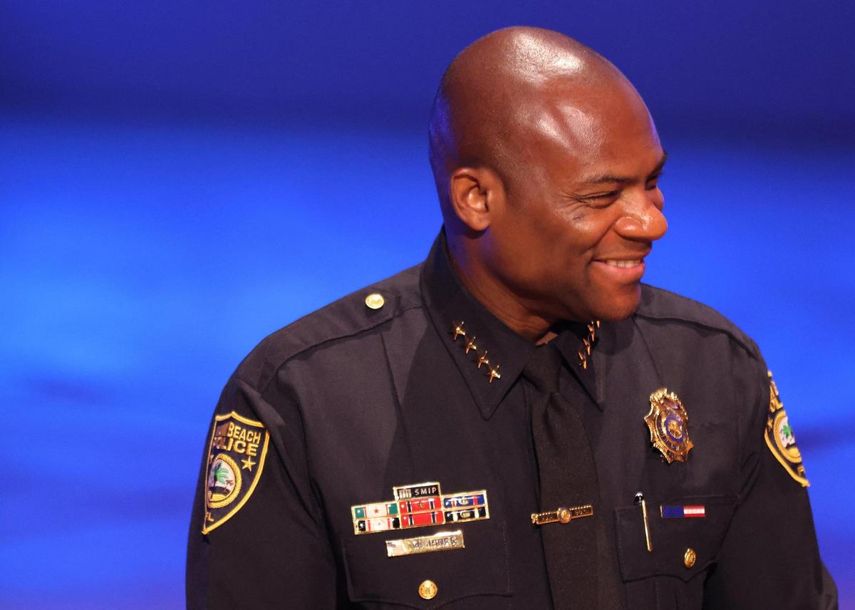 Wayne Jones smiles after being sworn in as the Miami Beach police chief at the New World Center in Miami Beach, Florida, on Thursday, August 31, 2023.