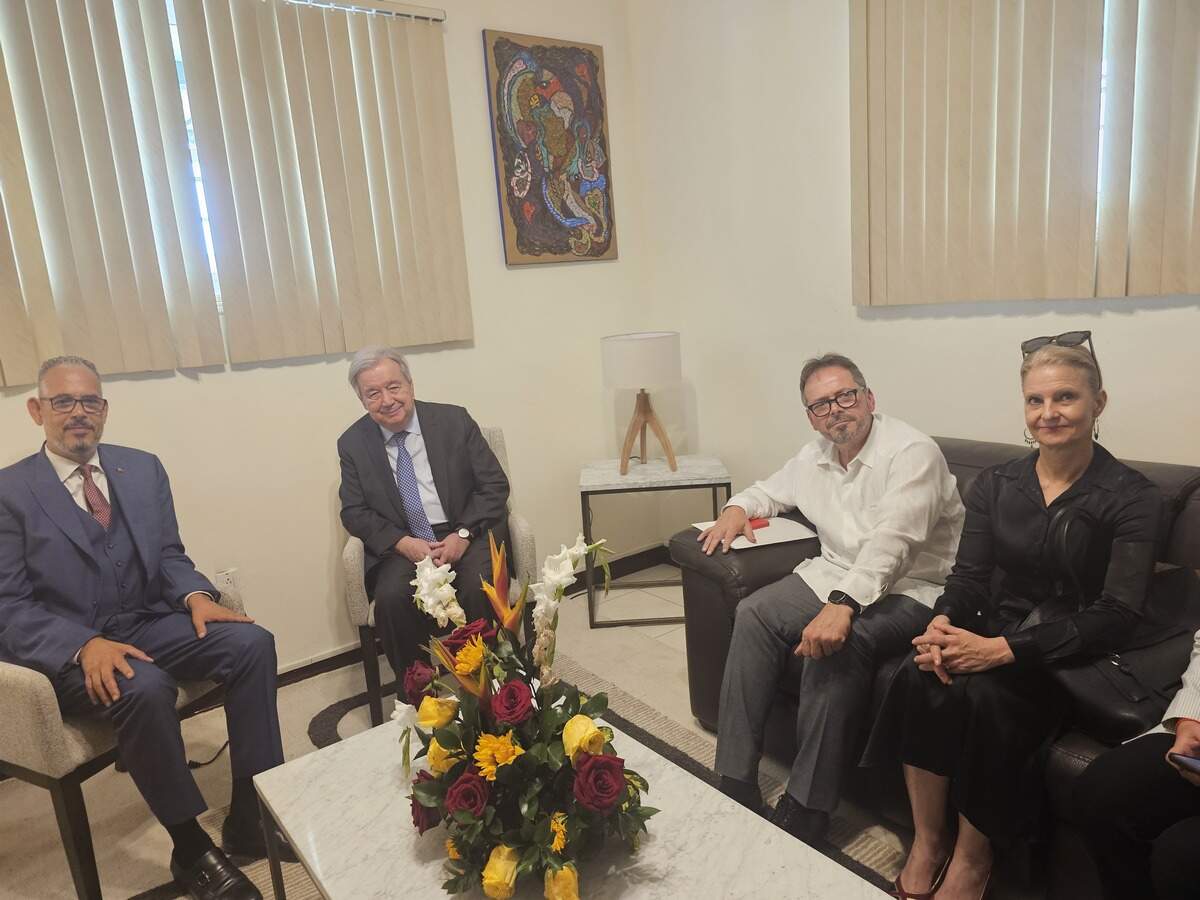 From left to right, Haiti Prime Minister Alix Didier Fils-Aimé and U.N. Secretary-General António Guterres are joined by Carlos Ruiz-Massieu, the special representative of the secretary-general for Haiti and head of the United Nations Integrated Office in Haiti, and Daniela Kroslak, head of the new United Nations Support Office in Haiti. They met briefly on Tuesday, June 16, 2026 before Guterres began his visit to Port-au-Prince.