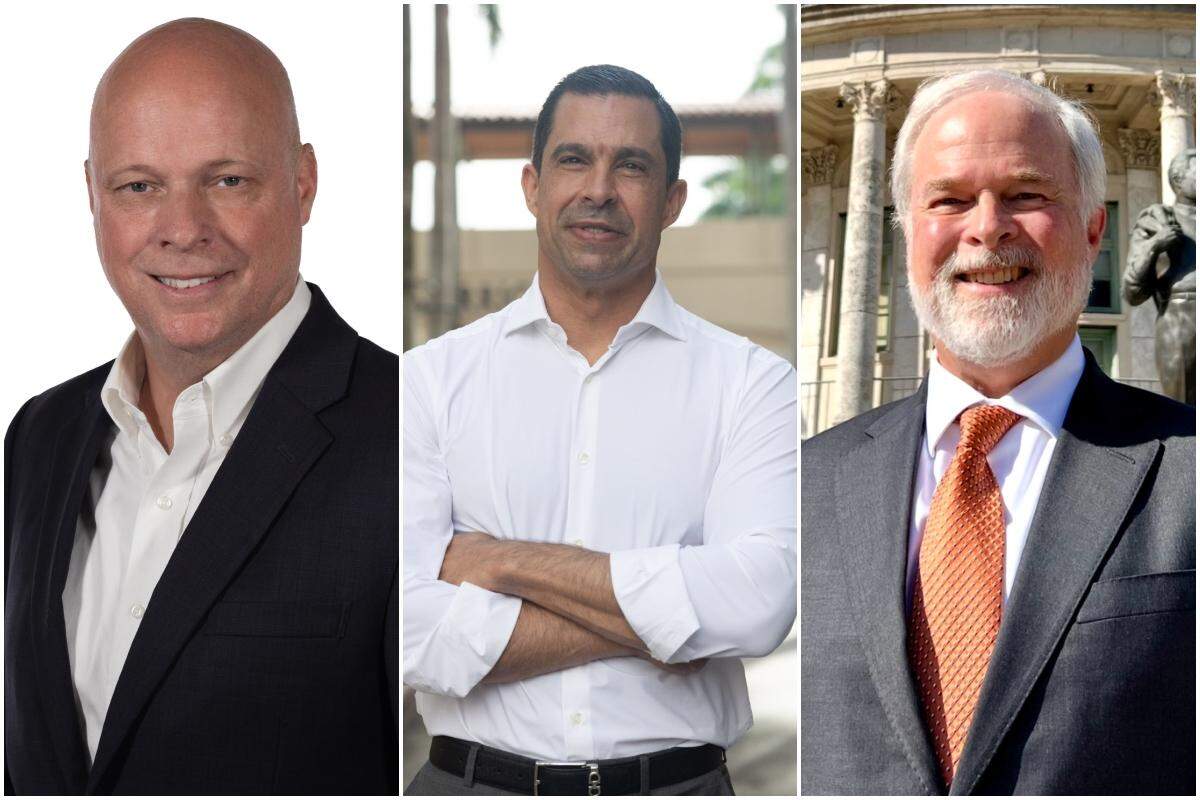 Coral Gables mayoral candidates, from left to right: Michael Anthony Abbott, incumbent Mayor Vince Lago and Commissioner Kirk Menendez