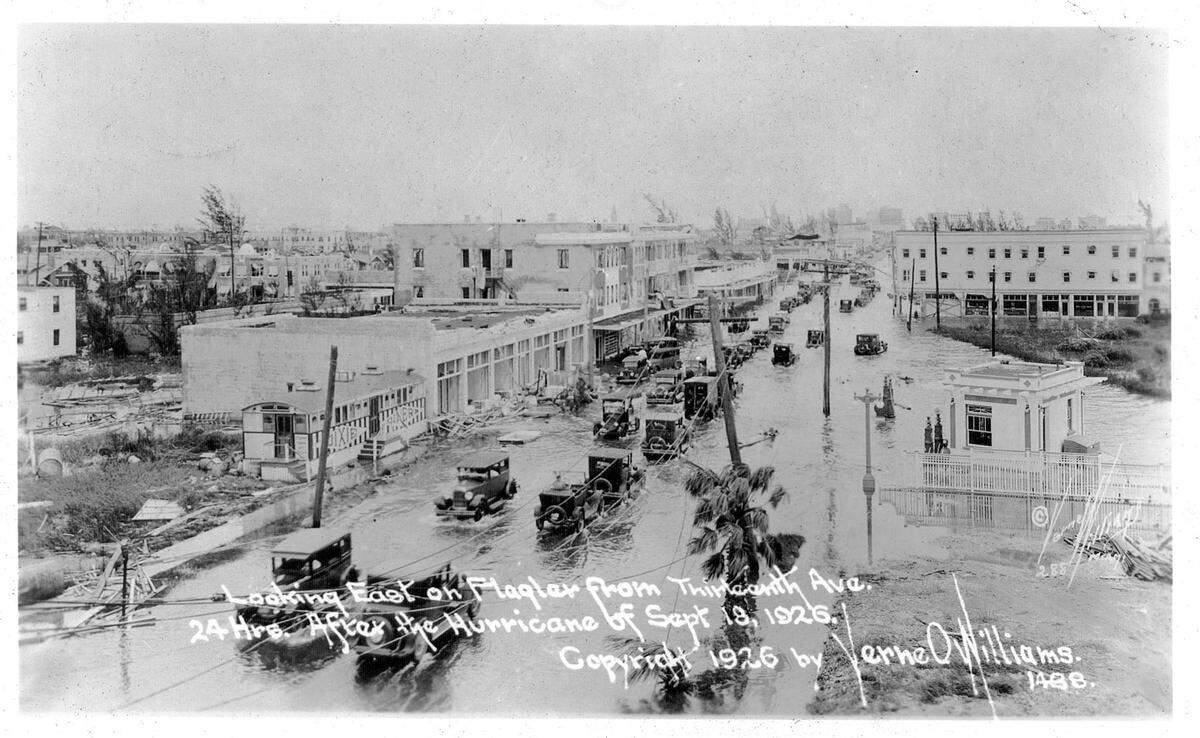 --Photo courtesy of Larry Wiggins.- - West Flagler Street and Thirteenth Avenue following the hurricane of 1926, which smashed into the area with winds in excess of 130 miles per hour. Photo courtesy of Larry Wiggins.