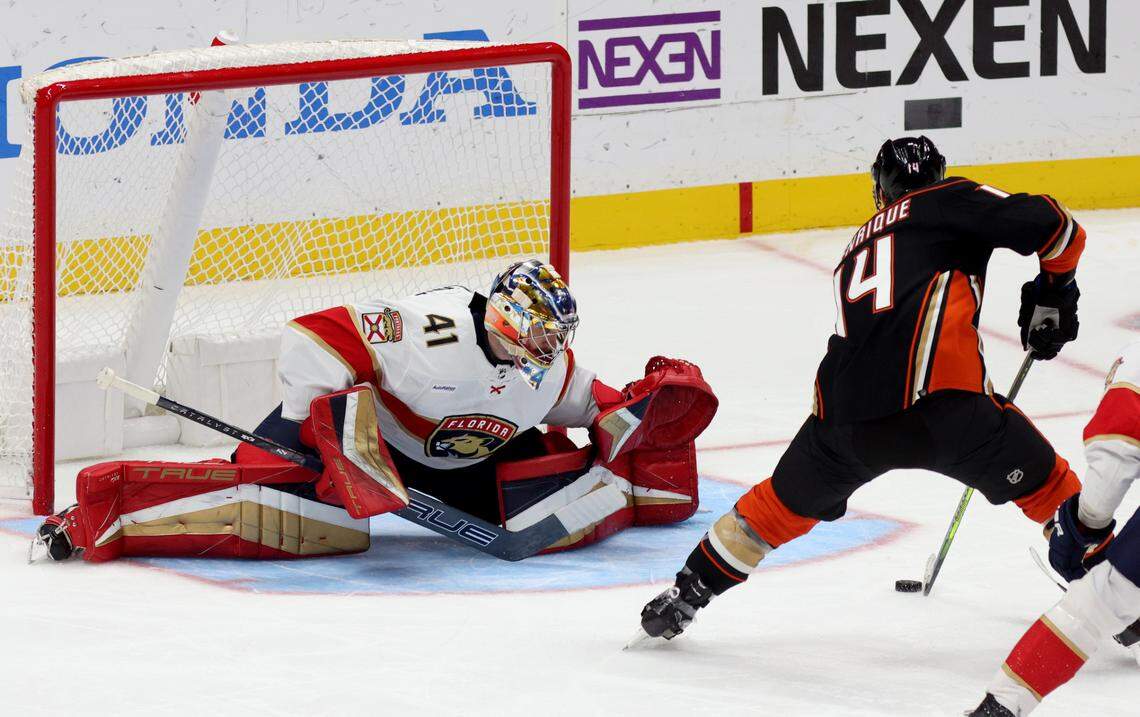 Nov 17, 2023; Anaheim, California, USA; Florida Panthers goaltender Anthony Stolarz (41) makes a save against Anaheim Ducks center Adam Henrique (14) during the second period at Honda Center.
