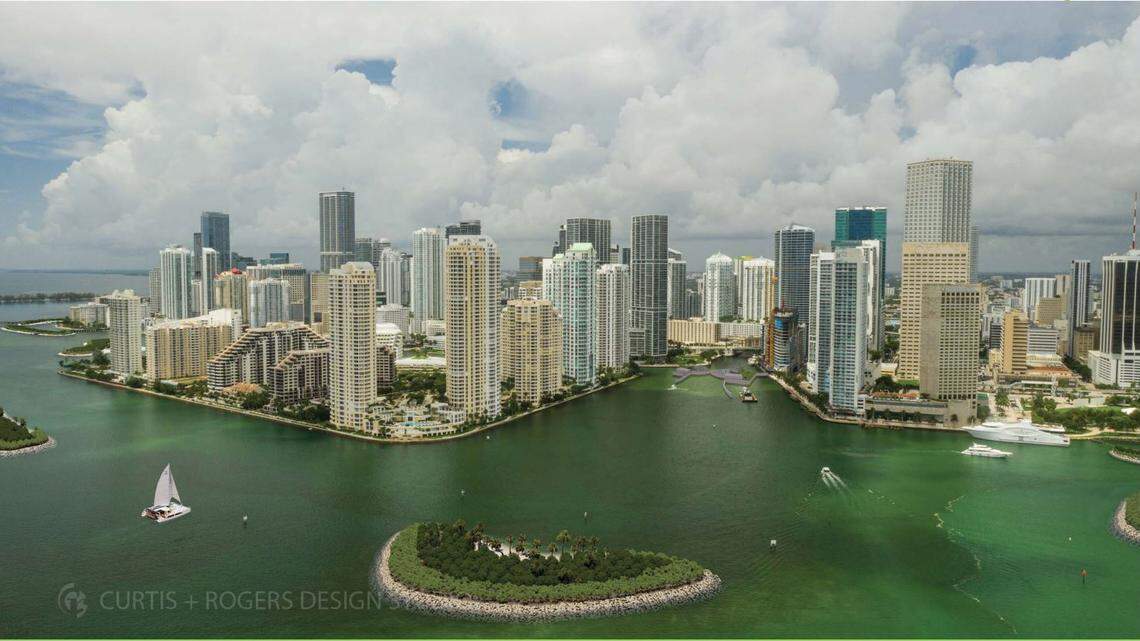 A rendering depicting what the Army Corps of Engineers’ proposed flood gate designed to protect downtown Miami from storm-surge flooding might look like alongside a man-made island.