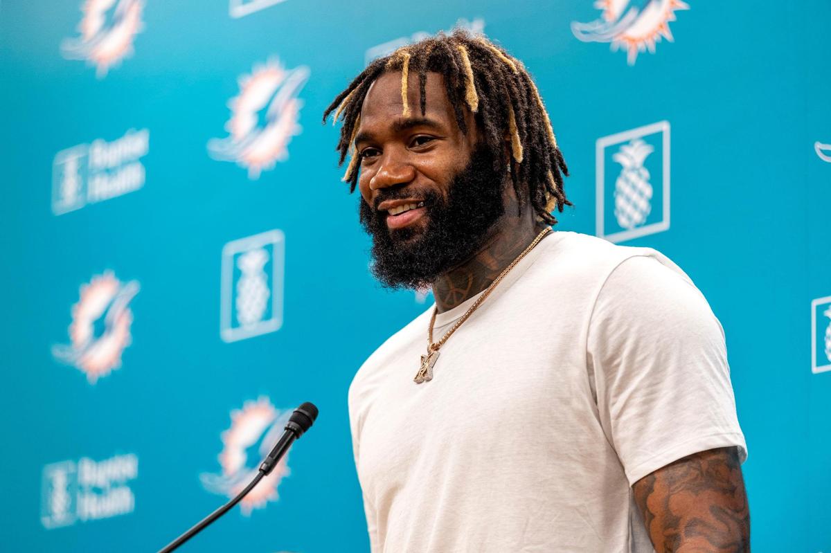 Miami Dolphins cornerback Xavien Howard reacts as he speaks to the media during a news conference at the NFL football team’s Baptist Health Training Complex in Miami Gardens, Florida, on Tuesday, July 25, 2023.