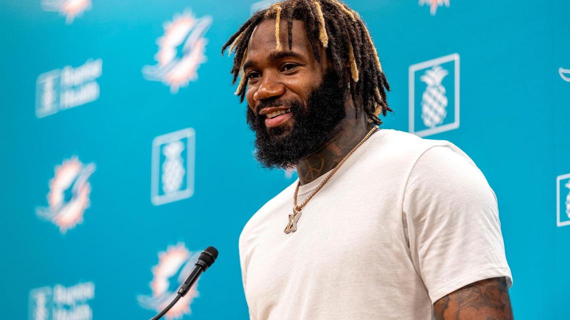 Miami Dolphins cornerback Xavien Howard reacts as he speaks to the media during a news conference at the NFL football team’s Baptist Health Training Complex in Miami Gardens, Florida, on Tuesday, July 25, 2023.
