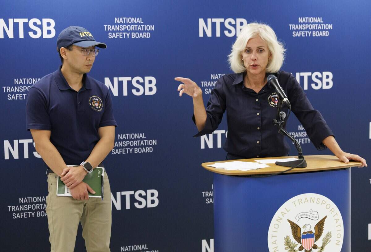 Jennifer Homendy, Chairwoman of the National Transportation Safety Board, gestures to Chihoon Shin, lead investigator, when talking about the investigative process during a press conference on Monday, Sept. 7, 2026, regarding the crash landing of an Amazon Prime Air Boeing 767 at Miami International Airport in Miami, Fla. “”