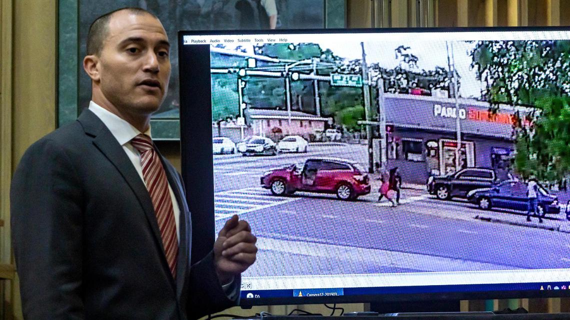 Miami, Florida, September 23, 2022 - Prosecuting attorney Shawn Abuhoff shows a video to the jury during his opening statements on the first day of the criminal trial of Pablo Lyle in Miami Dade Criminal Court. Pablo Lyle is accused of killing 63-year-old Juan Ricardo Hernandez during a road rage incident in 2019.