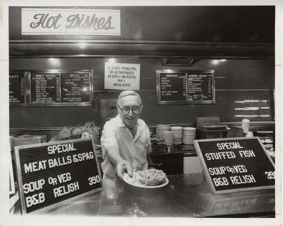 Henry Dreyfuss, a server, at the steam table in the Concord Cafeteria in 1982.