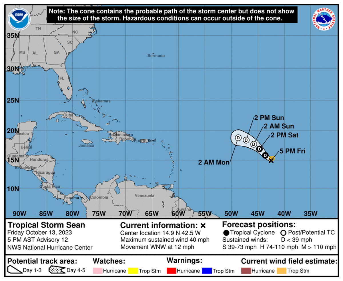 The expected path of Tropical Storm Sean as of 5 p.m., Friday, Oct. 13, 2023.
