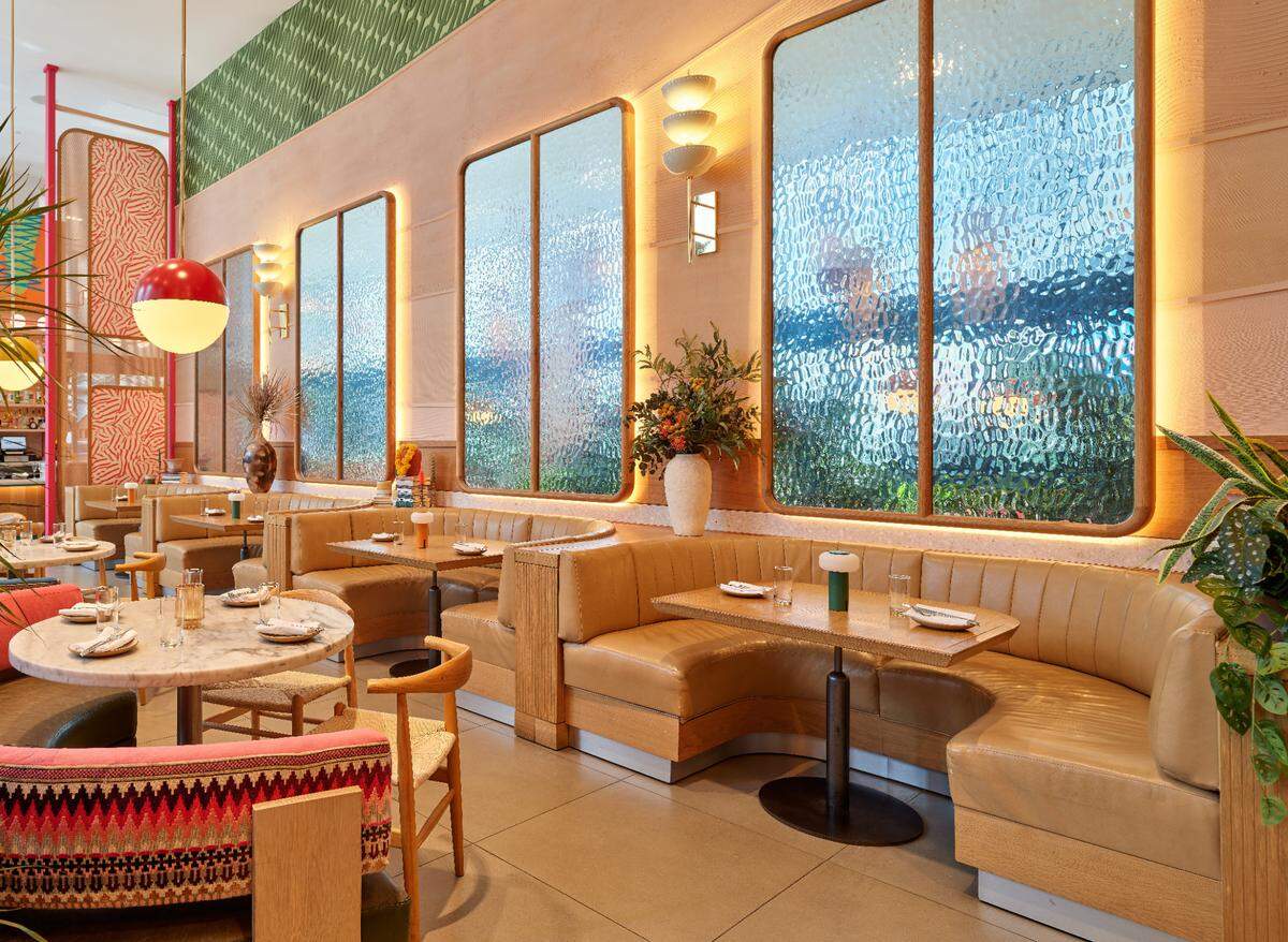 Banquettes at Wyn Wyn at the Arlo Wynwood hotel.